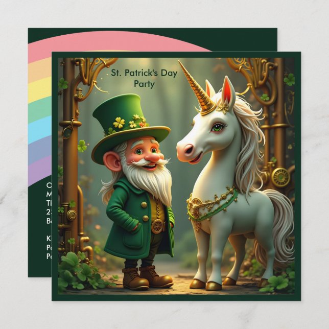 Steampunk Gnome-Leprechaun Unicorn St Patricks Day Einladung (Vorne/Hinten)