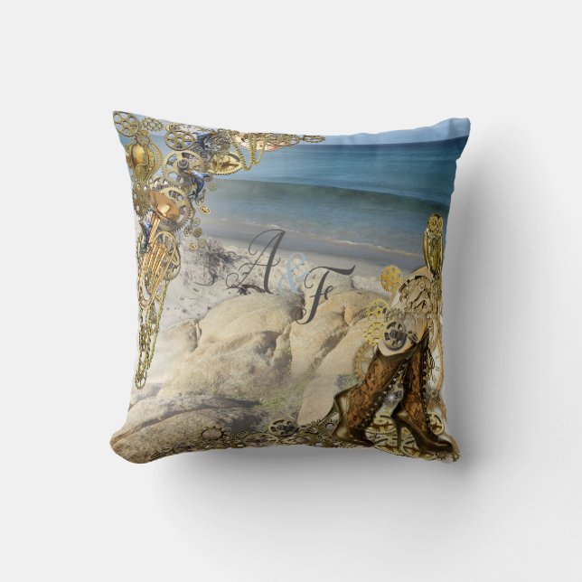 Steampunk Golden Blush & Powder-blue Hochzeitsgesc Kissen (Vorderseite)