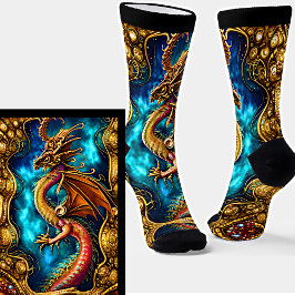 Steampunk Golden Dragon & Blue Sky auf Black Socken