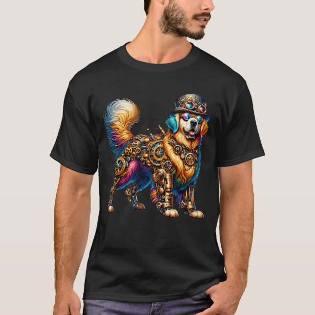 Steampunk Golden Retriever Lover Fantasy Kunst T-Shirt (Vorderseite)