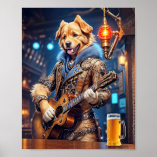 Steampunk Golden Retriever mit akustischer Gitarre Poster