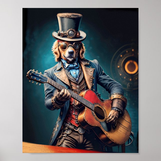 Steampunk Golden Retriever spielt Gitarre Poster (Vorne)