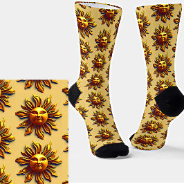 Steampunk Golden Sun Face on Light Gold Brown Socken