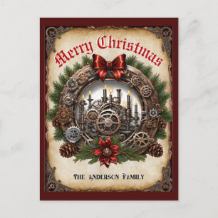 Steampunk Greenerenery Candles Wreath Cogs Weihnac Feiertagspostkarte