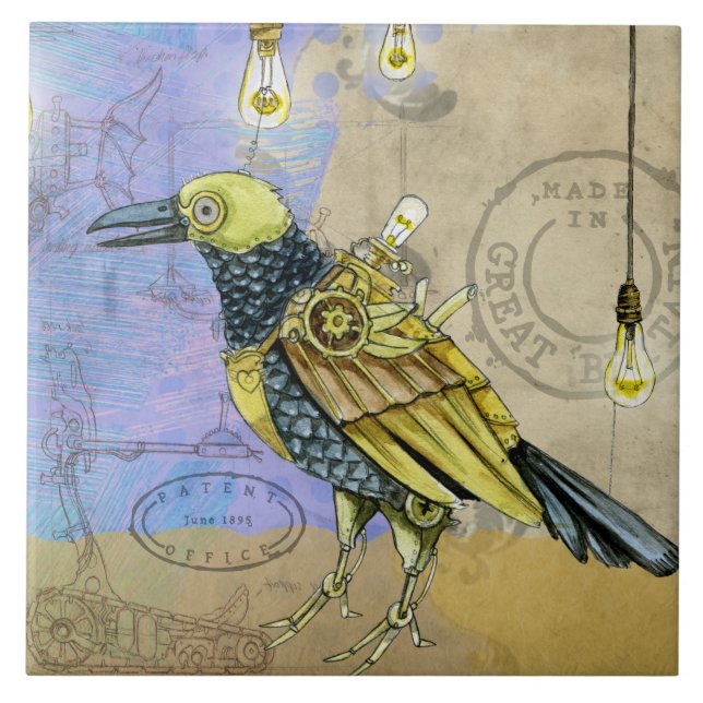 Steampunk Grunge-Zeichnen des mechanischen Vogels Fliese (Vorderseite)