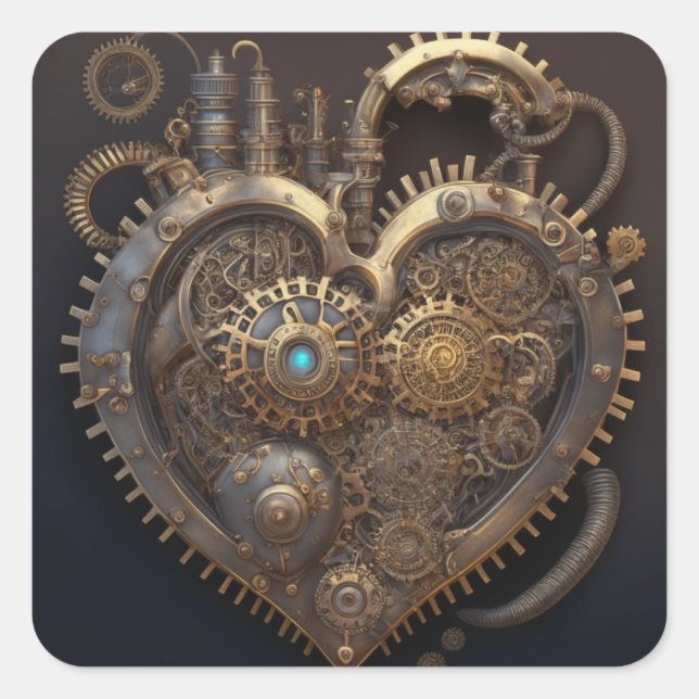 Steampunk Heart | Metallgetriebe Quadratischer Aufkleber (Vorderseite)