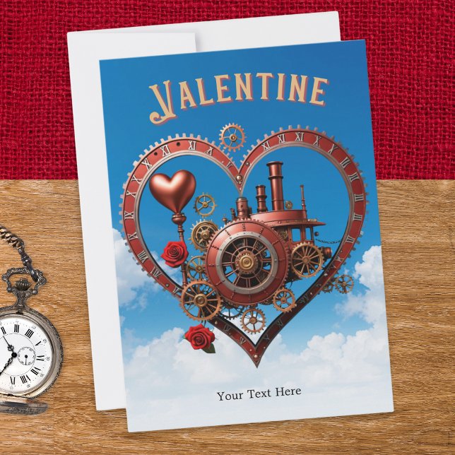 Steampunk Hearts Cogs Romantischer Valentinstag Feiertagskarte (A personalized Valentine's Day card with a Steampunk design, featuring cogs, roses and hearts)