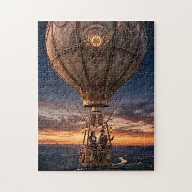 Steampunk-Heißluftballonfahrt bei Dämmerung über d Puzzle (Vertikal)