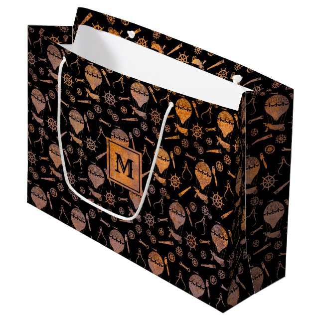 Steampunk-Heißluftballons Monogram Block Große Geschenktüte (Vorderseite Schrägansicht)