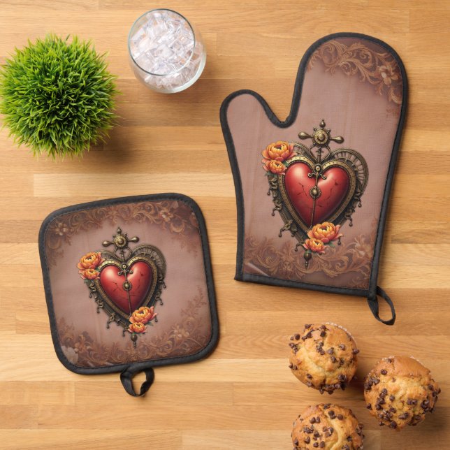 Steampunk Herz mit Blume. Ofenhandschuh & Topflappen-Set (Oben Unten)