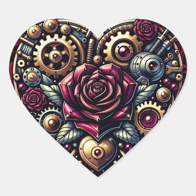 Steampunk Herz und Rose Herz-Aufkleber (Vorderseite)