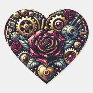 Steampunk Herz und Rose Herz-Aufkleber