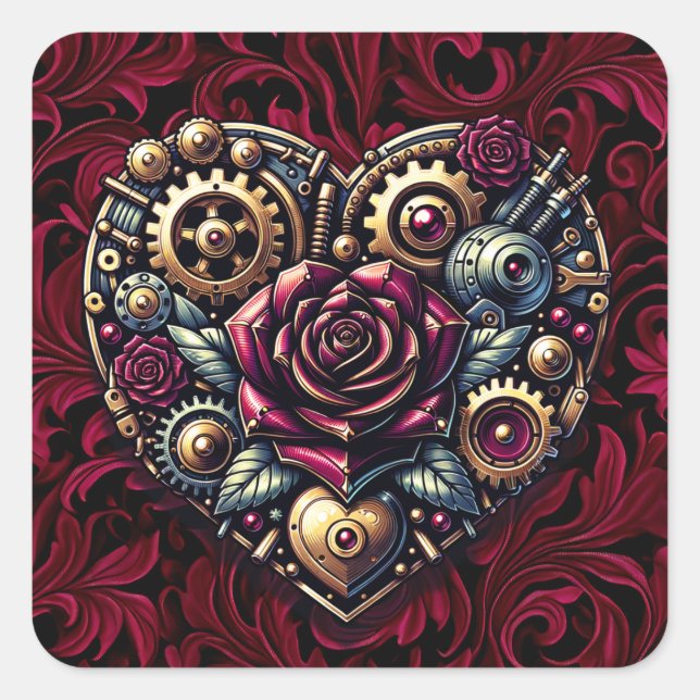 Steampunk Herz und Rose Quadratischer Aufkleber (Vorderseite)