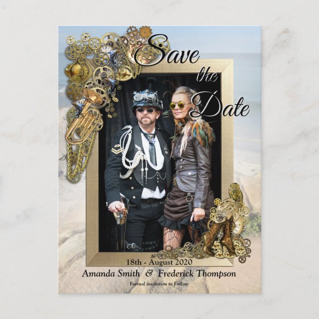 Steampunk Hochzeit Save the Date am Meer Ankündigungspostkarte (Vorderseite)