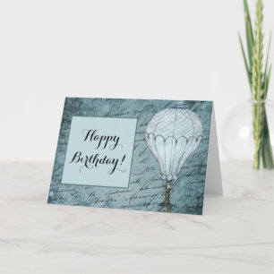 Steampunk Hot Air Ballon Dusk Blue Handwriting Karte
