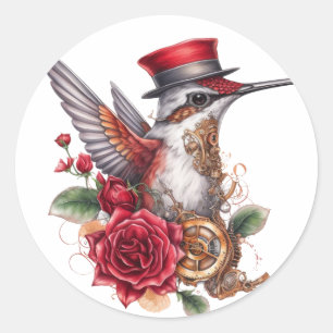 Steampunk Hummingbird mit Red Hat und Uhrwerk Runder Aufkleber