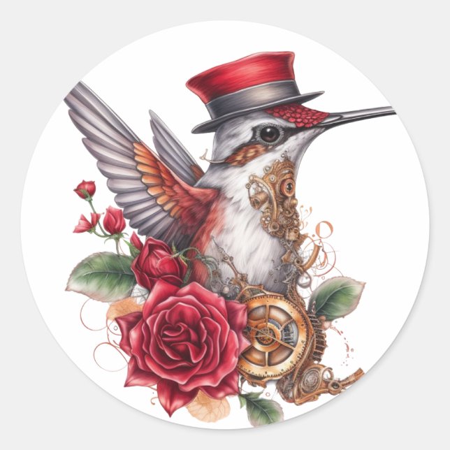 Steampunk Hummingbird mit Red Hat und Uhrwerk Runder Aufkleber (Vorderseite)