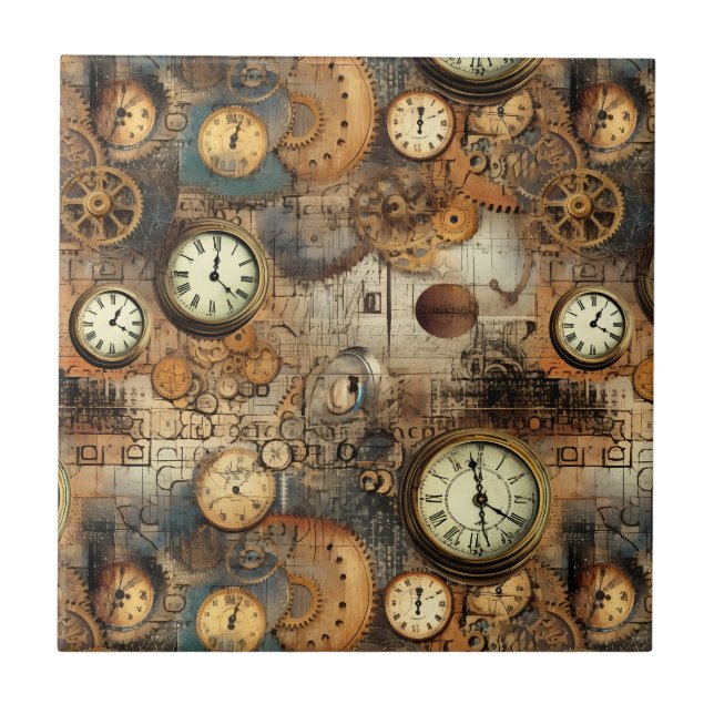 Steampunk-Ingenieursplan Braun Messing Fliese (Vorderseite)