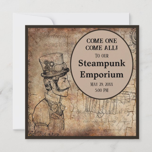 Steampunk Inventor Top Hat Personalisiertes Ereign Einladung (Vorderseite)
