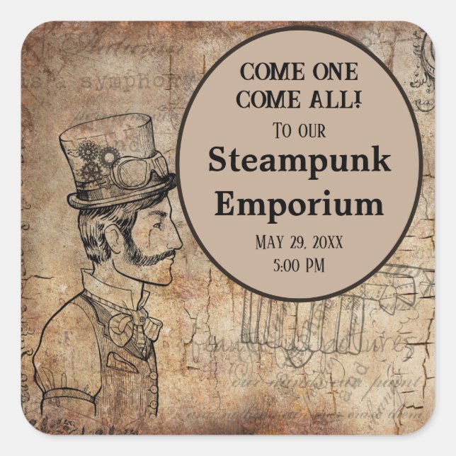 Steampunk Inventor Top Hat Personalisiertes Ereign Quadratischer Aufkleber (Vorderseite)