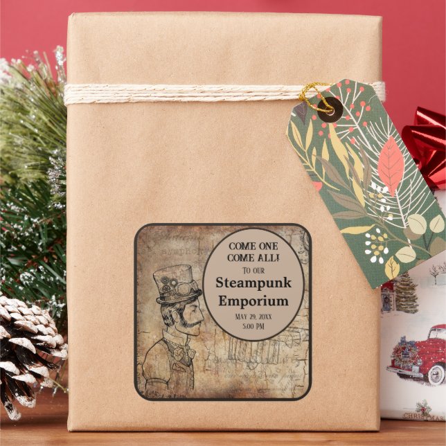 Steampunk Inventor Top Hat Personalisiertes Ereign Quadratischer Aufkleber (Feiertag)