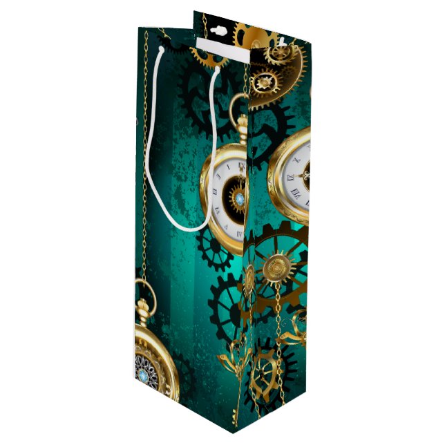 Steampunk Jewelry Watch, wir haben Green Backgroun Geschenktüte Für Weinflaschen (Vorderseite Schrägansicht)