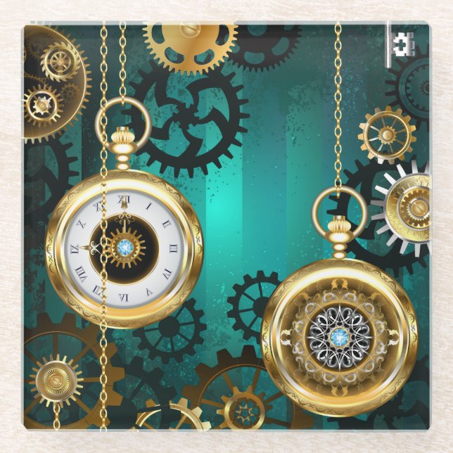 Steampunk Jewelry Watch, wir haben Green Backgroun Glasuntersetzer (Vorderseite)