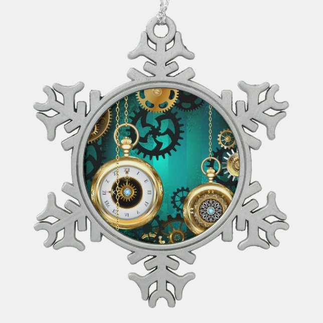 Steampunk Jewelry Watch, wir haben Green Backgroun Schneeflocken Zinn-Ornament (Vorderseite)