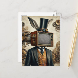 Steampunk-Kaninchenmann mit TV-Head-Statik Postkarte