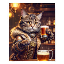 Steampunk-Katze, die Bier in einer Kneipe trinkt -