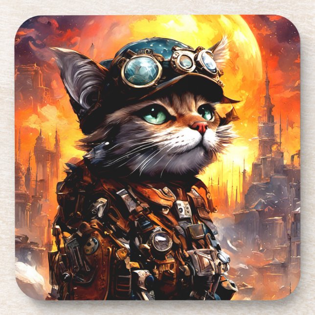 Steampunk-Katze II Getränkeuntersetzer (Vorderseite)