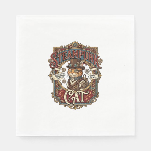 Steampunk-Katze Katze Steampunk Vintage Serviette (Vorderseite)