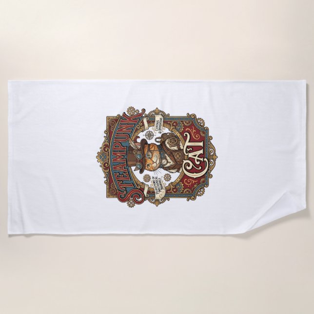 Steampunk-Katze Katze Steampunk Vintage Strandtuch (Vorderseite)