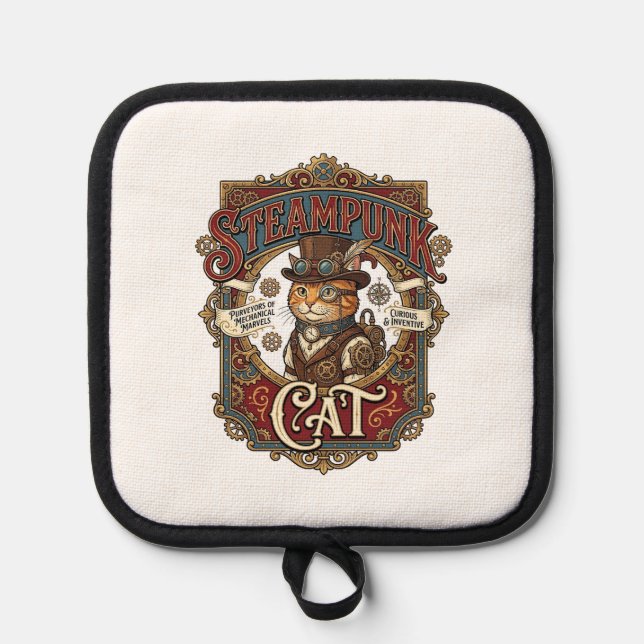 Steampunk-Katze Katze Steampunk Vintage Topflappen (Vorderseite)