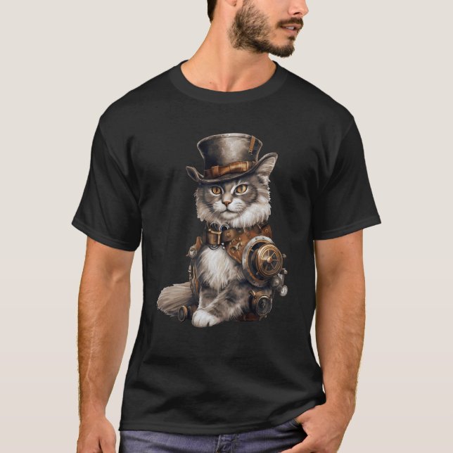 Steampunk-Katze mit Hat Graphic Design Cat Fantasy T-Shirt (Vorderseite)