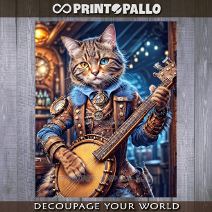 Steampunk-Katze spielt Banjo in blauer Kneipe - Seidenpapier