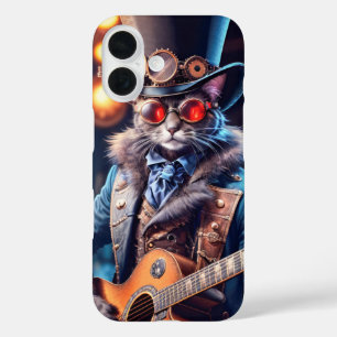 Steampunk-Katze spielt Gitarre, Zylinder und Schut iPhone 16 Hülle