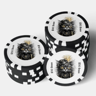 Steampunk-Katze spielt mit messingfarbenem SPAß Pokerchips