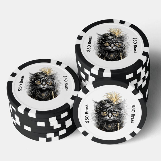 Steampunk-Katze spielt mit messingfarbenem SPAß Pokerchips (Stapel)