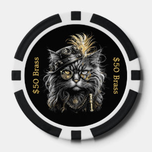 Steampunk-Katze spielt mit messingfarbenem SPAß Pokerchips
