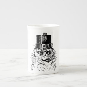Steampunk Katzen-Tasse, Kitty im Spitzenhut Prozellantasse