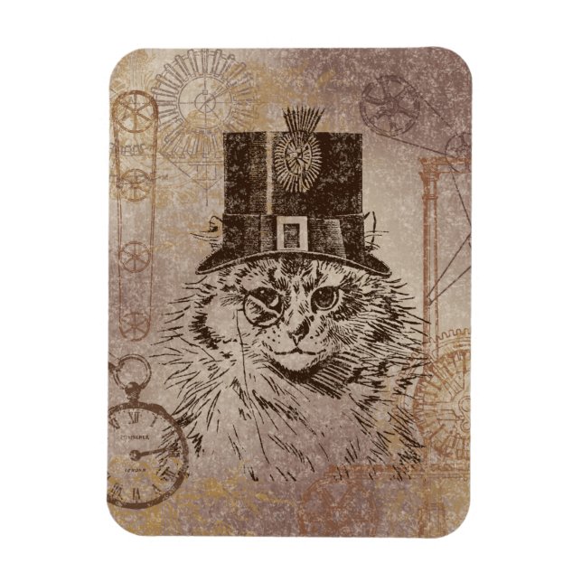 Steampunk Kitty Cat in Top Hat, Gears, Pocketwatch Magnet (Vertikal)