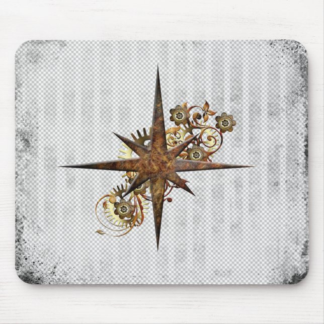 Steampunk-Kompass-Stern Grunge Mousepad (Vorne)