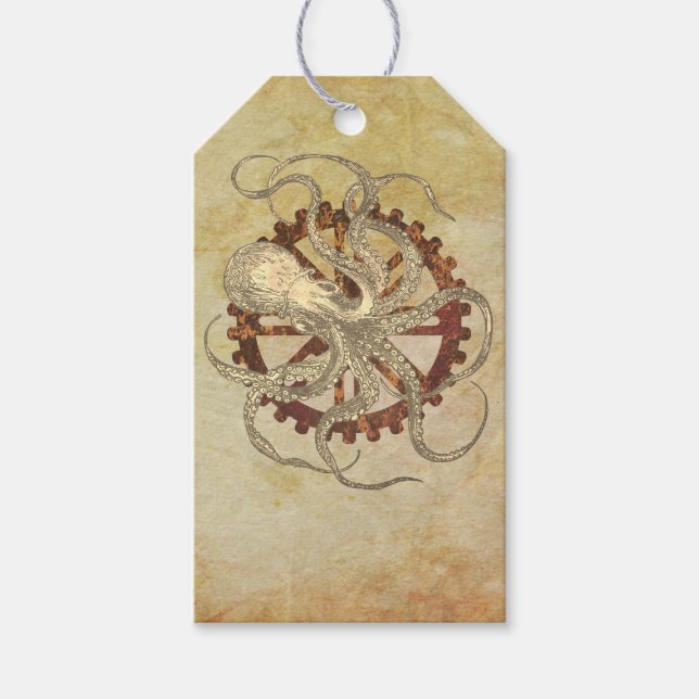 Steampunk-Kraken und robustes Uhrwerk Geschenkanhänger (Vorderseite)