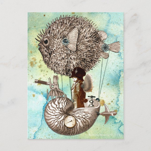 Steampunk Kugelfisch-Handy Postkarte (Vorderseite)