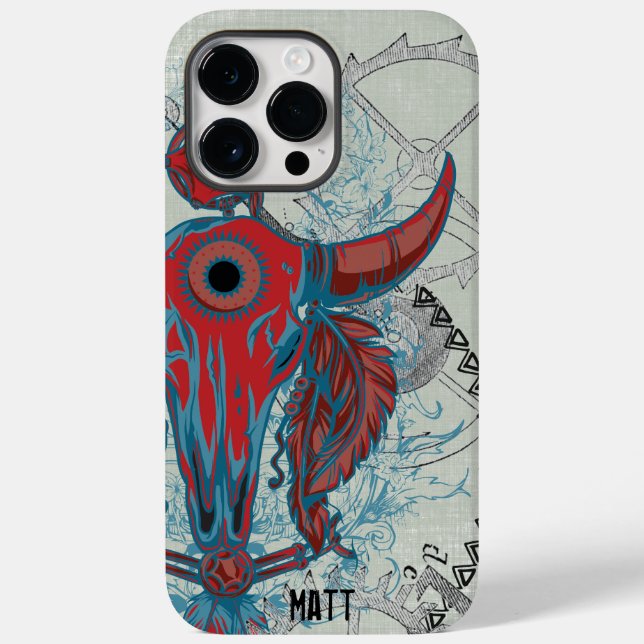 Steampunk Kuh Skull und Indische Stammesfedern Case-Mate iPhone Hülle (Rückseite)