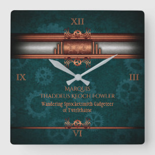 Steampunk, Kupfer auf aquamarinen Zahnrädern, Mono Quadratische Wanduhr