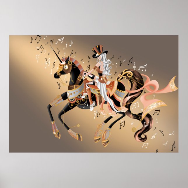 Steampunk Lady & Mechanische Pferde Poster (Vorne)