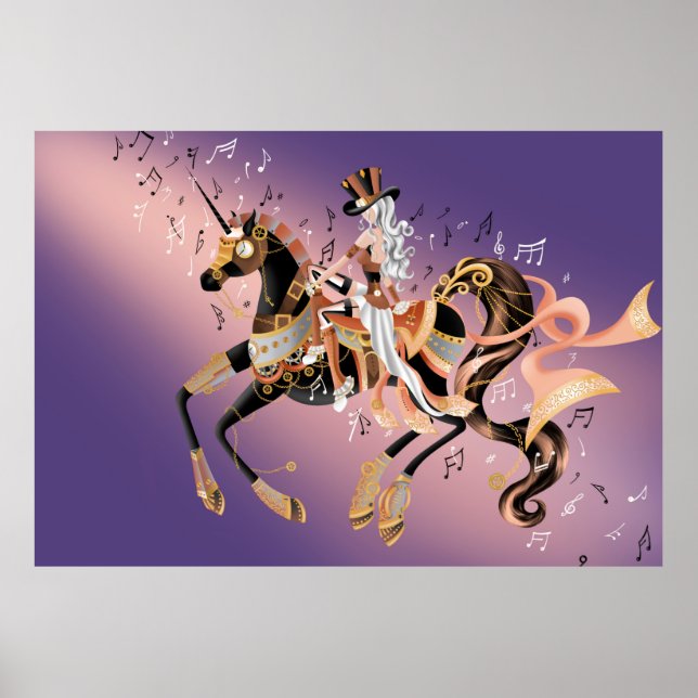 Steampunk Lady & Mechanische Pferde Poster (Vorne)