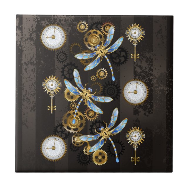 Steampunk-Libellen auf braun gestreiftem Hintergru Fliese (Vorderseite)